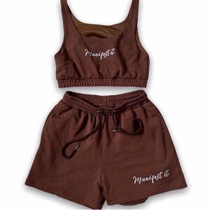 Brown 'Manifest It' Sports Bra and Shorts Set